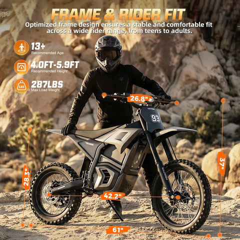 Electric Dirt Bike With Lights And Display For Off Road Adventures, 3840W Power, shown with measurements and rider in rocky terrain