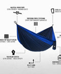 Two Person Double Camping Hammock With Lightweight Parachute Nylon 210T Includes Tree Straps And Carabiners, dark blue.