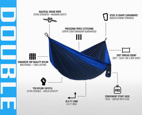 Two Person Double Camping Hammock With Lightweight Parachute Nylon 210T Includes Tree Straps And Carabiners, dark blue.