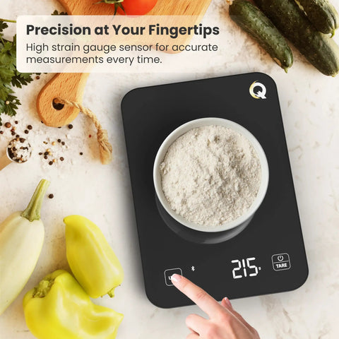 Top view of Smart Food Scale With Nutritional Calculator Waterproof LED Display Digital Kitchen Scale holding a bowl of flour