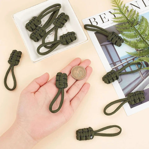 5 Pack Olive Green Universal Zipper Pull Replacement Kit Set with Nylon and Metal Zipper Fixers and Hand Woven Paracord Handle