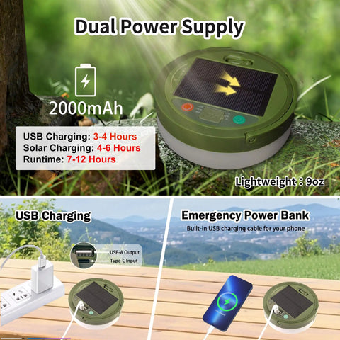 Solar Camping String Lights 33ft 100 LED With 9 Modes USB C Rechargeable shown with dual power supply and USB charging port