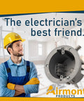 4 Inch Old Work Round Electrical Box One Gang Grey PVC Junction Box With Built In Mounting Tabs Three Mounting Wings And Two Hour Fire Rated Walls Great For Ceiling Remodel And Secure Wire Connections displayed alongside an electrician.