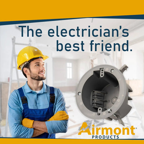 4 Inch Old Work Round Electrical Box One Gang Grey PVC Junction Box With Built In Mounting Tabs Three Mounting Wings And Two Hour Fire Rated Walls Great For Ceiling Remodel And Secure Wire Connections displayed alongside an electrician.