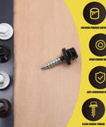 Heavy Duty Number 10 X 1 Inch Black Hex Head Self Drilling Roofing Screws on wood with EPDM rubber washer, anti-corrosion features.