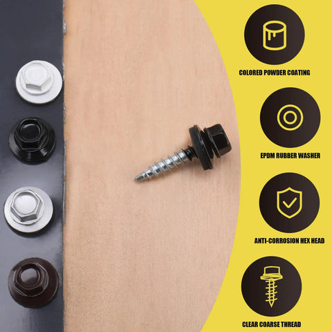 Heavy Duty Number 10 X 1 Inch Black Hex Head Self Drilling Roofing Screws on wood with EPDM rubber washer, anti-corrosion features.