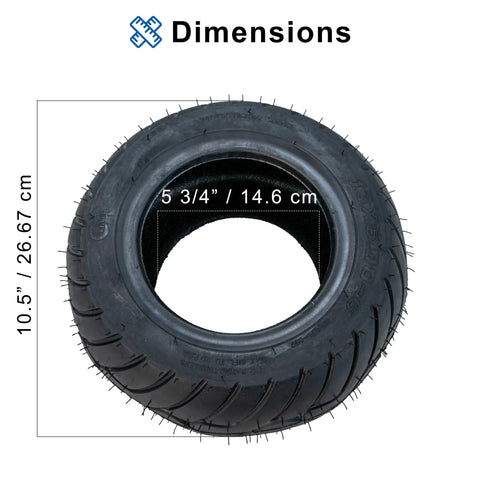 13x5.00-6 Tubeless Pneumatic Go Kart Tire For Front Or Rear Wheels, Deep Tread Grip, Durable Rubber, shown with dimensions.