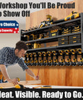 Power Tool Organizer Wall Mount With Eight Outlet Charging Hub Cordless Drill Holder Heavy Duty Metal Garage Shelf
