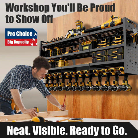 Power Tool Organizer Wall Mount With Eight Outlet Charging Hub Cordless Drill Holder Heavy Duty Metal Garage Shelf