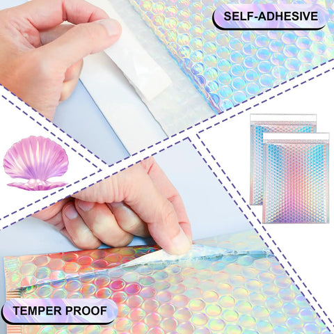 Close-up of Dope Holographic Bubble Mailers 8 By 12 Inch 25 Pcs Metallic Bubble Mailers showing self-seal and temper-proof features.