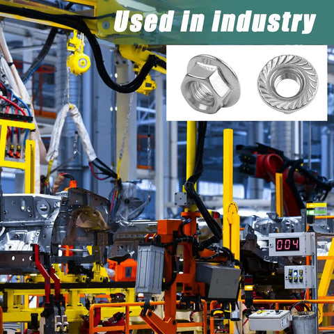 Image of 50 Pack M10 X 1.5mm 304 Stainless Steel Serrated Flange Hex Nuts Metric Lock Hardware in industrial setting.