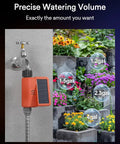 Installed Dope Solar WiFi Sprinkler Timer With Flow Monitor For Garden Hose showing precise watering volumes for plants