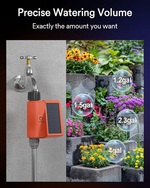 Installed Dope Solar WiFi Sprinkler Timer With Flow Monitor For Garden Hose showing precise watering volumes for plants