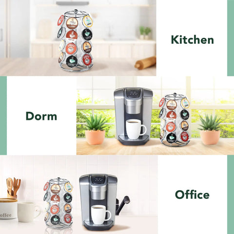 K Cups Pod Carousel Cup Holder With 24 Slots Spins 360 Degrees Lazy Susan Chrome Finish in kitchen, dorm, office settings