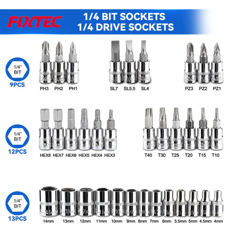 46 Piece One Quarter Inch Drive Socket Ratchet Wrench Set With Metric Sockets And Bit Set Plus Extension Bars Universal Joint