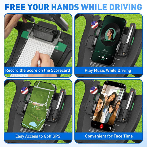 Kickass Flip Up Golf Cart Steering Wheel Cell Phone Mount keeps your device locked in for smooth course navigation, showing scorecard, music, GPS, FaceTime.