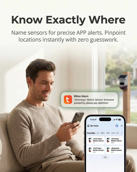 WiFi Solar Motion Sensor Alarm Outdoor With Free App Alerts Real Time Push Notifications 2.4G WiFi Compatible Battery Powered Solar Security Sensor Easy Zone Management Weatherproof Outdoor Home Surveillance showing app zone names