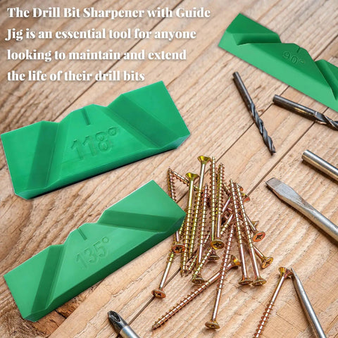 Rock Solid Drill Bit Sharpening Jig Kit Three Piece 3D Printed Bench Grinder Guide showing 90, 118, 135 degree fixtures on wooden surface.