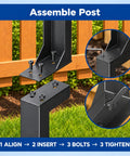 Assemble post with heavy duty black steel stakes, demonstrating alignment and bolting for fence reinforcement.