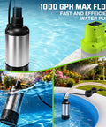 Heavy Duty 1000 GPH Submersible Water Pump Featuring Brushless Motor And 15V Low Voltage Protection For Ryobi 18V Batteries in action draining water.