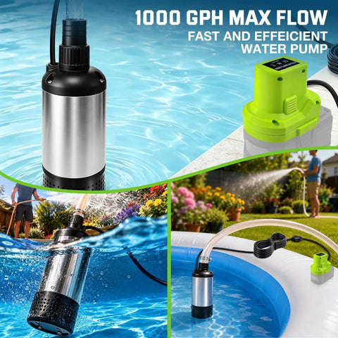 Heavy Duty 1000 GPH Submersible Water Pump Featuring Brushless Motor And 15V Low Voltage Protection For Ryobi 18V Batteries in action draining water.
