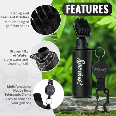 Pro Golf Club Brush Cleaner With Heavy Duty Retractable Clamp And Squeeze Bottle For 4 Oz Water Multi Purpose Cleaning Tool