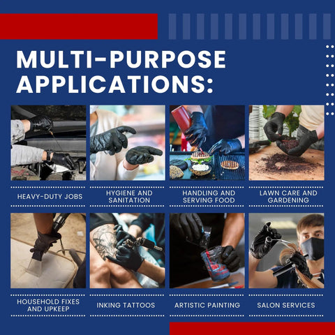 Collage showing multi-purpose use of Industrial Black Nitrile Gloves Heavy Duty 5 Mil for various tasks, size M-2XL