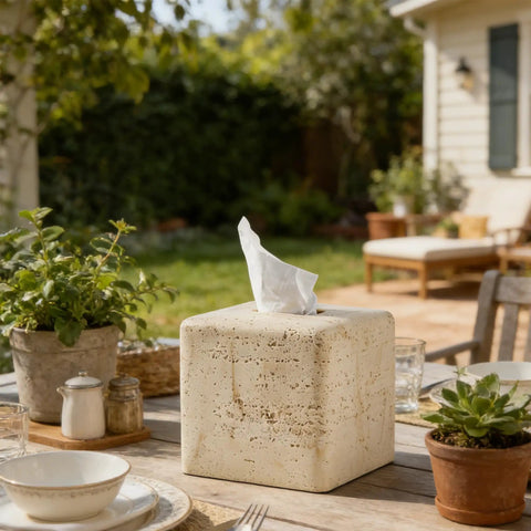 Outdoor scene with a heavy resin tissue box cover with travertine texture for home decor on a patio table.