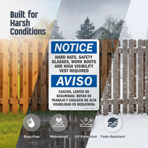 Must Have PPE Required Notice Sign 10x14 Aluminum Bilingual For Hard Hats Glasses Boots Vest Rustproof Weatherproof 40 Mil Sign With Four Mounting Holes For Easy Install Outdoor Use