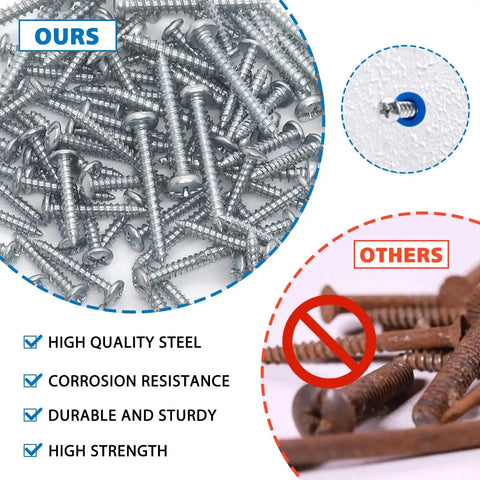 Comparison of high-quality steel masonry screws versus rusted screws; All In One Masonry Wall Anchors And Screws Kit With 3 Pc Drill Bit, 228 Pieces Including 114 Brick Anchors And 114 Self Tapping Screws For Concrete And Brick Walls, Perfect For Mounting Shelves, Frames, And Decor Blue