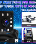 ELP Night Vision USB Camera 480P with AUTO IR highlighting applications for drones, robots, ATMs, and electronic equipment