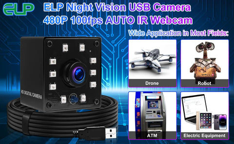 ELP Night Vision USB Camera 480P with AUTO IR highlighting applications for drones, robots, ATMs, and electronic equipment