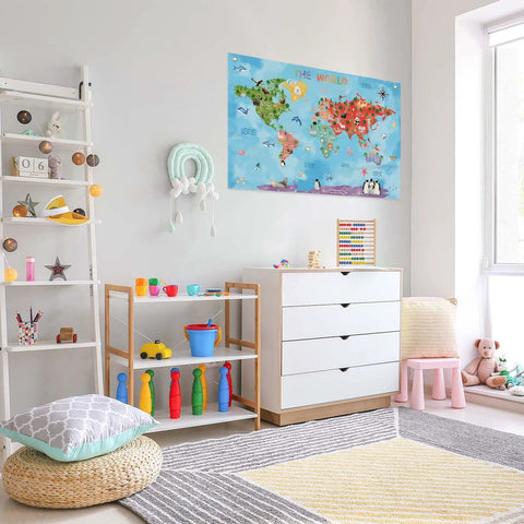 World Map Cartoon Animals Canvas Banner For Classrooms And Playrooms Kid Friendly Educational Wall Decor With Fun Animal Illustrations 30 By 20 Inch Durable Fabric Banner With Brass Grommets in a playroom setting.