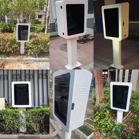 Bulletproof Ev Charger Pedestal For Commercial Sites Floor Mounted Electric Vehicle Charging Pillar With Secure Mechanical Lock, outdoor installation amid greenery.