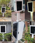Heavy Duty EV Charge Stand Pedestal With Killer Secure Lock And Key in various outdoor settings, showcasing its robust white metal design.