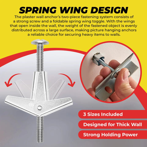 Heavy Duty Toggle Bolt Anchor Kit For Drywall Includes 1/8 X 2 In, 3/16 X 3 In, And 1/4 X 3 In Toggle Bolts open spring wing anchor