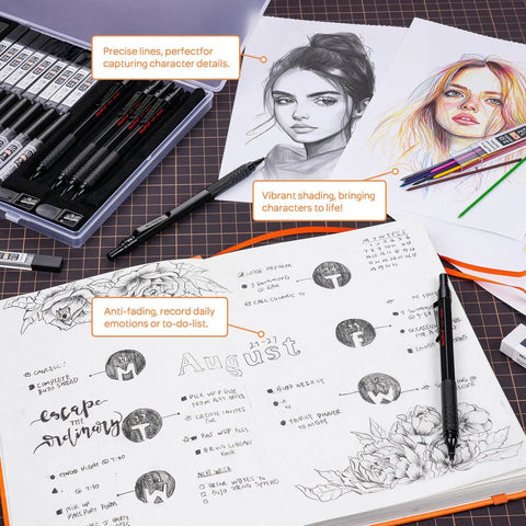 Metal Mechanical Pencil Set With Case For Drawing And Sketching, Six Pencils in 0.5, 0.7, 0.9, 2.0mm on sketchbook with art doodles