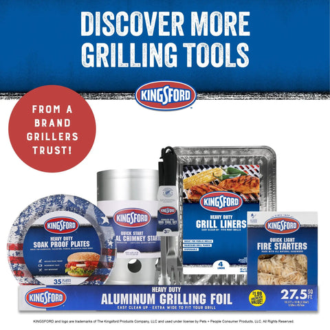 Kingsford grilling tools with Quick Start Charcoal Chimney Starter, aluminum foil, grill liners, fire starters, and soak proof plates.