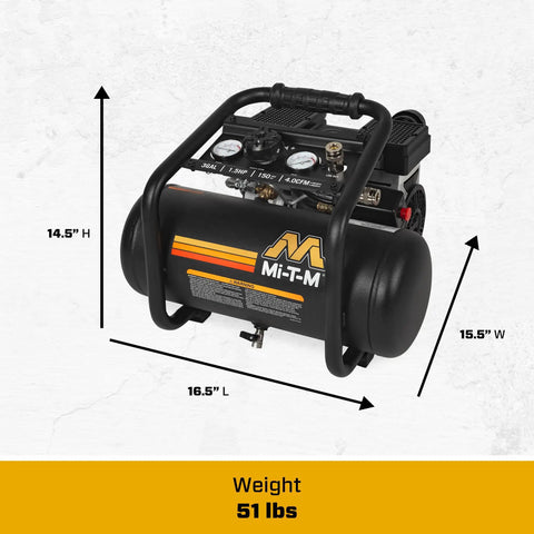 Mi-T-M 3 Gallon Portable Air Compressor Oil Free.1.5 HP Induction Motor4.0 CFM At90 PSI Quiet Operation For Impact Wrenches Grinders And Nailers Lightweight Professional Tool Easy To Carry Anywhere
