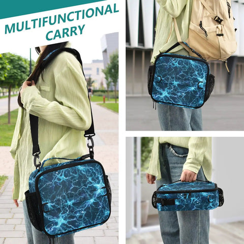 Glowing Blue Lightning Bolts Insulated Lunch Bag For Kids And Adults With Dope Shoulder Straps For Office Travel School Keeps Food Fresh Spacious Main Compartment And Two Side Pockets Durable Polyester Cooler Tote, worn crossbody
