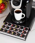 36 Pod Single Serve Coffee Pod Drawer Organizer For Countertop Coffee Station Base, Holds Up To 36 Pods, with coffee cup on top.
