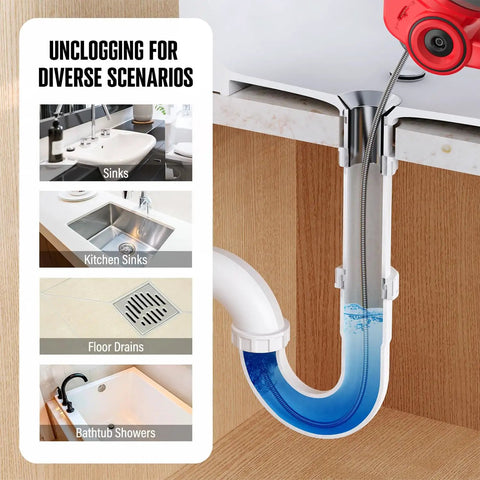 Cordless 25Ft Drain Auger Electric Snake Hair Clog Buster With Replaceable Shaft for use in sinks, floor drains, showers.