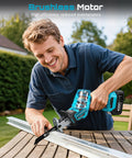 SEESII cordless reciprocating saw with blue housing cutting metal rail on an outdoor table