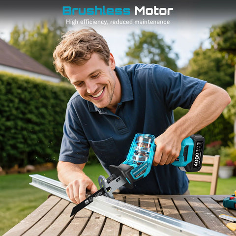 SEESII cordless reciprocating saw with blue housing cutting metal rail on an outdoor table
