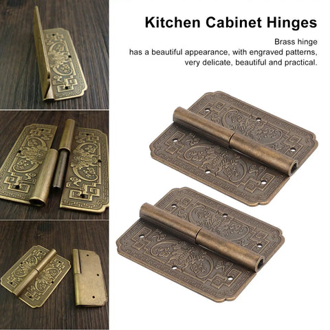 Antique Brass Butt Hinges for Cabinet Doors, two sets with 12 nails, vintage hardware, distressed bronze finish, rustic look.