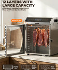 Heavy Duty Commercial Food Dehydrator With Twelve Roomy Trays And Jerky Hooks Made Of Rust Proof 304 Stainless Steel featuring displayed jerky.