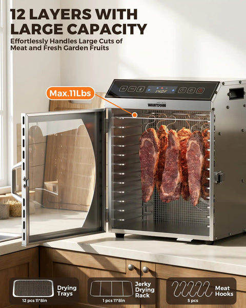 Heavy Duty Commercial Food Dehydrator With Twelve Roomy Trays And Jerky Hooks Made Of Rust Proof 304 Stainless Steel featuring displayed jerky.