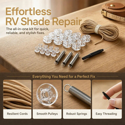 Universal Rv Pleated Shade Repair Kit With Heavy Duty Cord Hold Downs And Tension Springs For Camper Window Blinds Hassle Free Diy Restringing Refresh on wooden table with various components.