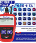 OBD2 Car Scanner With Engine Fault Codes And Emissions Status Check Engine Light Reader CAN Diagnostic Tool For 1996 And Newer OBDII Vehicles Read DTCs Fast Live Data And Vehicle Status Not For FCA Vehicles shown with coverage map and compatible car logos.