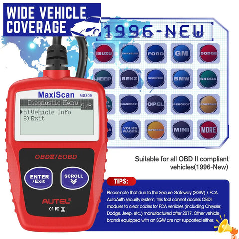 OBD2 Car Scanner With Engine Fault Codes And Emissions Status Check Engine Light Reader CAN Diagnostic Tool For 1996 And Newer OBDII Vehicles Read DTCs Fast Live Data And Vehicle Status Not For FCA Vehicles shown with coverage map and compatible car logos.